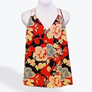 Loft Petites Floral V-Neck Camisole Top Red Blue SP Double Strap Sleeveless
